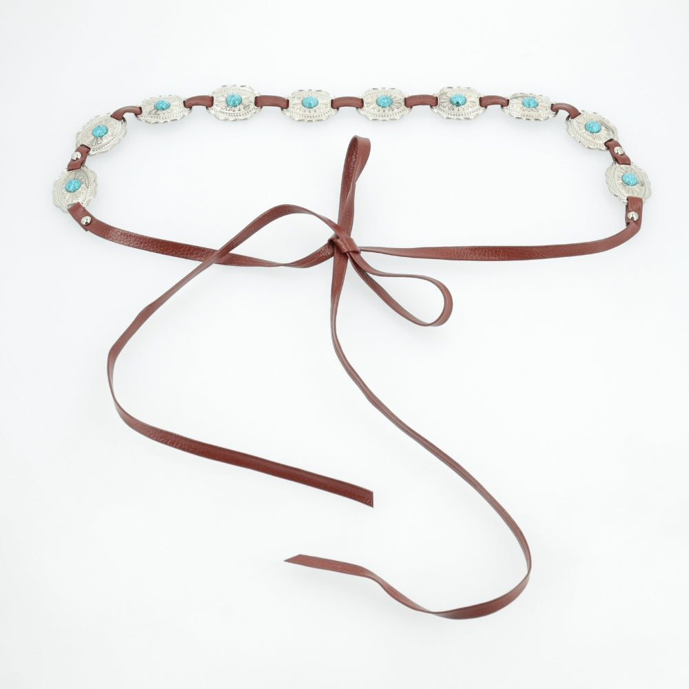 Cinto Feminino de Couro com Apliques Metálicos Caramelo