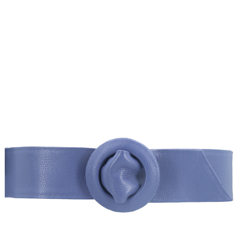Cinto Faixa Feminino de Couro com Fivela Redonda Encapada Azul