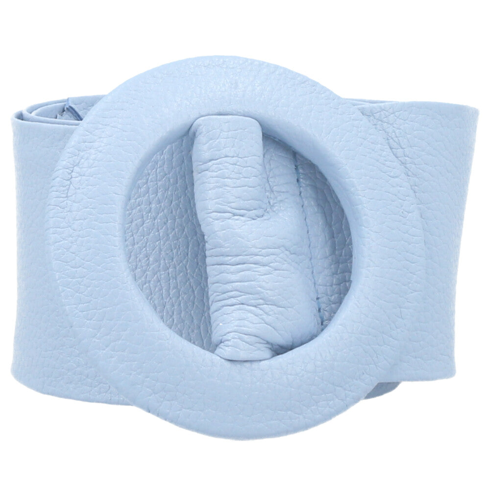 Cinto Faixa Feminino de Couro com Fivela Redonda Encapada Azul claro