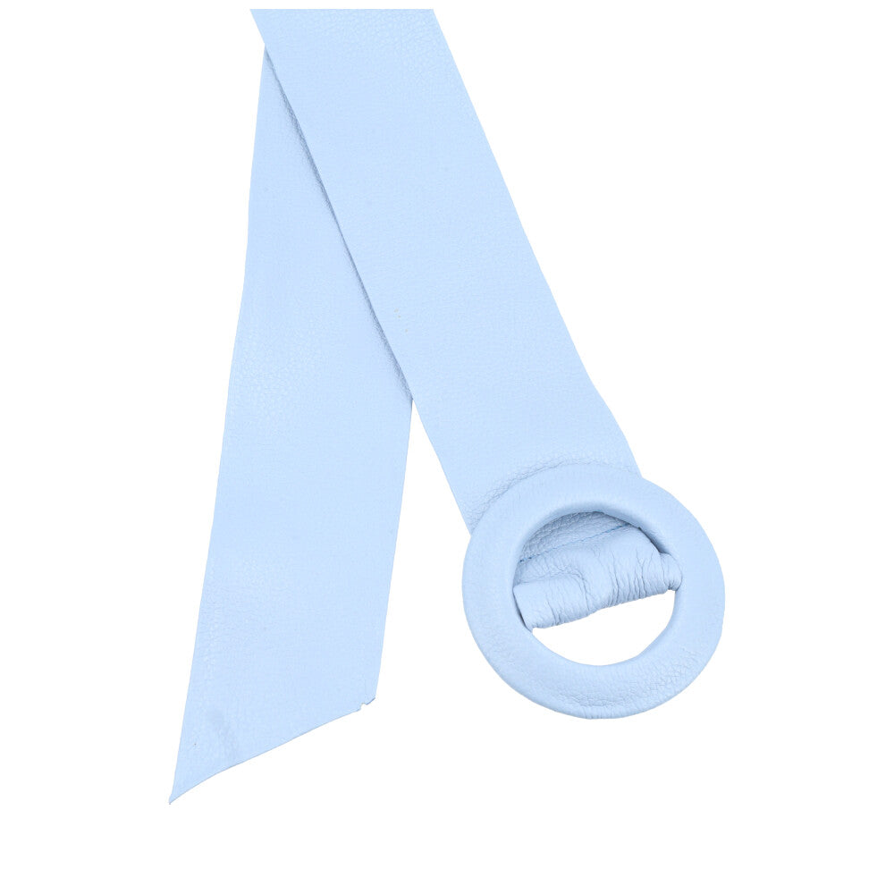 Cinto Faixa Feminino de Couro com Fivela Redonda Encapada Azul claro