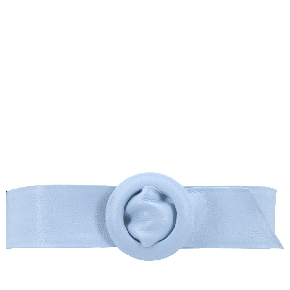 Cinto Faixa Feminino de Couro com Fivela Redonda Encapada Azul claro