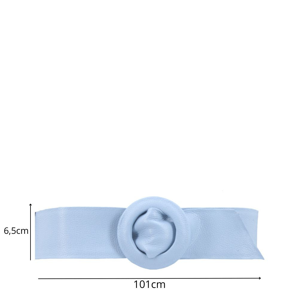 Cinto Faixa Feminino de Couro com Fivela Redonda Encapada Azul claro