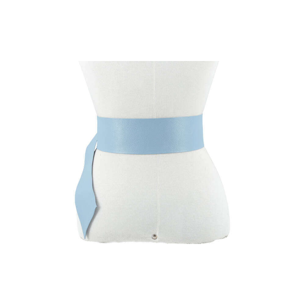 Cinto Faixa Feminino de Couro com Fivela Redonda Encapada Azul claro