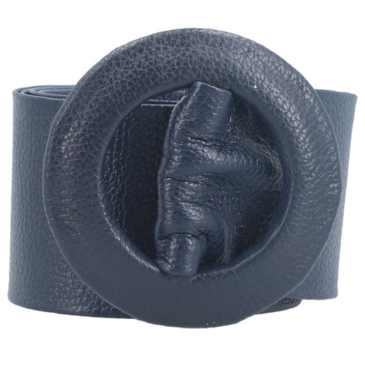 Cinto Faixa Feminino de Couro com Fivela Redonda Encapada Azul escuro