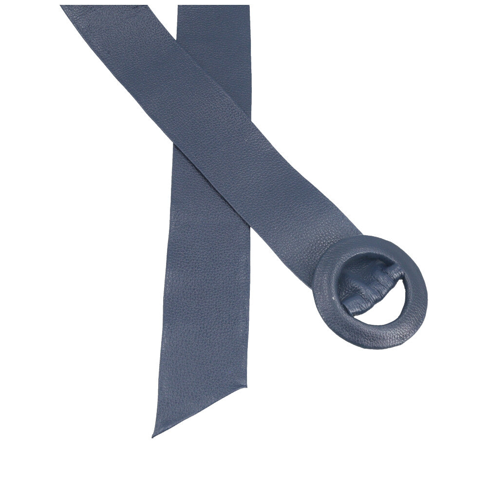 Cinto Faixa Feminino de Couro com Fivela Redonda Encapada Azul escuro