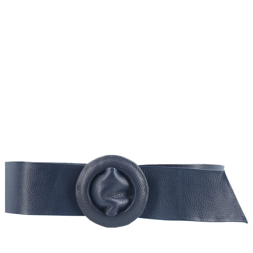 Cinto Faixa Feminino de Couro com Fivela Redonda Encapada Azul escuro