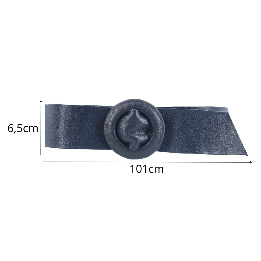 Cinto Faixa Feminino de Couro com Fivela Redonda Encapada Azul escuro