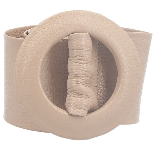 Cinto Faixa Feminino de Couro com Fivela Redonda Encapada Bege