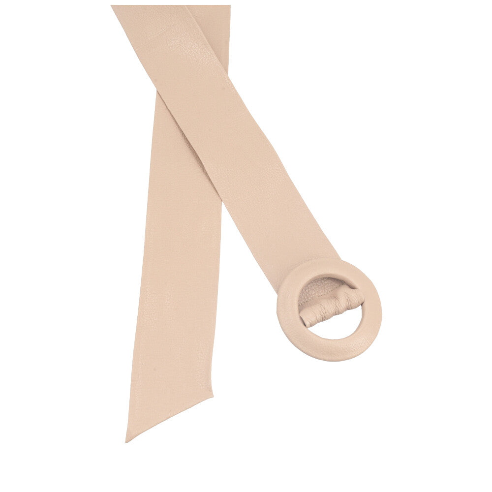 Cinto Faixa Feminino de Couro com Fivela Redonda Encapada Bege