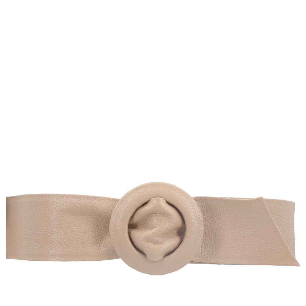 Cinto Faixa Feminino de Couro com Fivela Redonda Encapada Bege