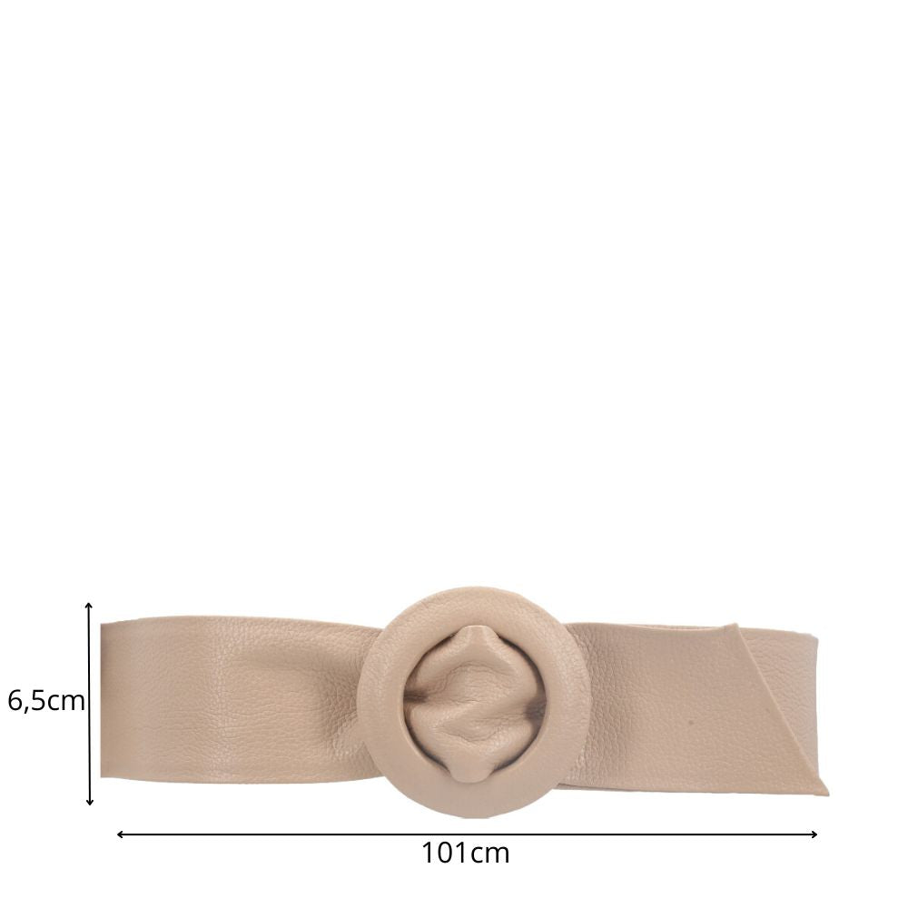 Cinto Faixa Feminino de Couro com Fivela Redonda Encapada Bege
