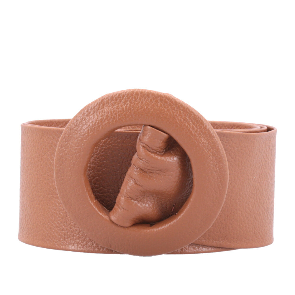 Cinto Faixa Feminino de Couro com Fivela Redonda Encapada Caramelo
