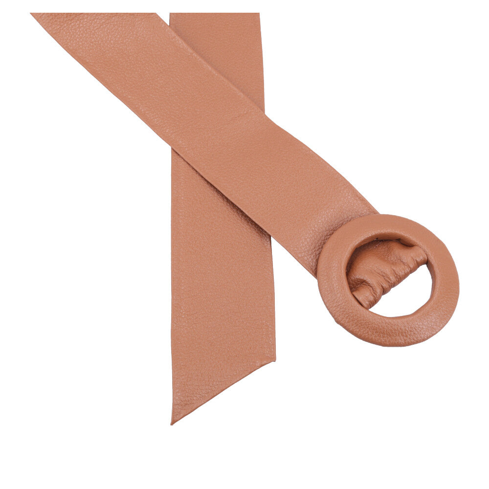 Cinto Faixa Feminino de Couro com Fivela Redonda Encapada Caramelo