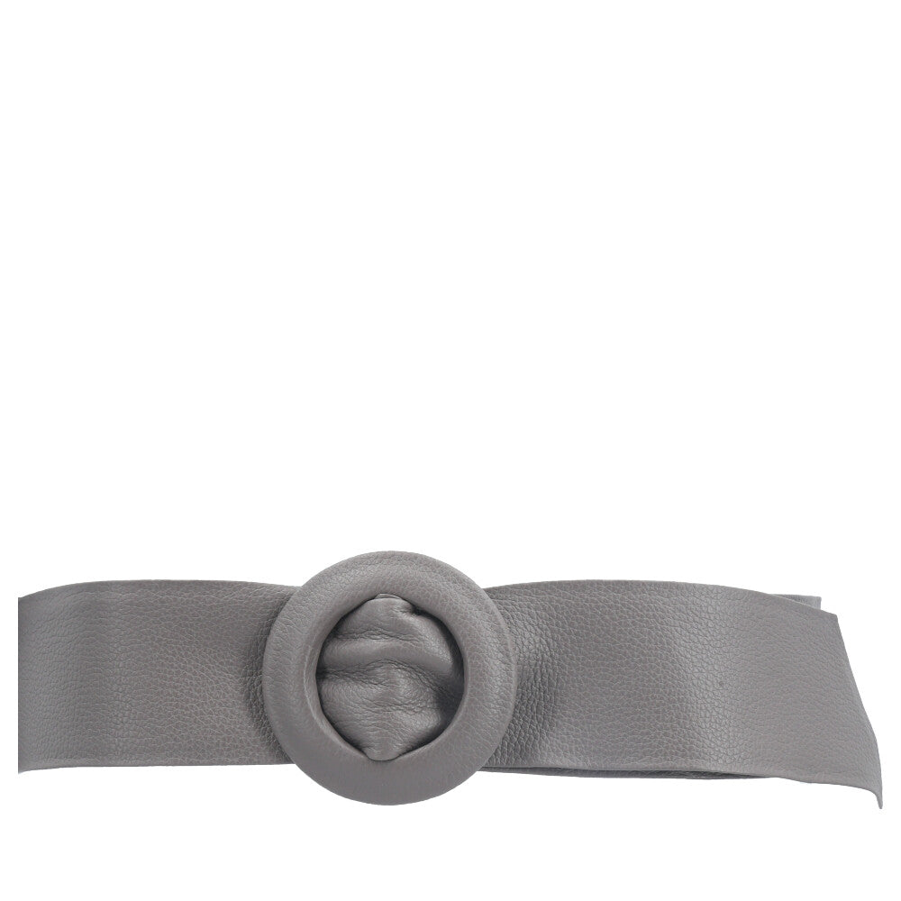 Cinto Faixa Feminino de Couro com Fivela Redonda Encapada Cinza