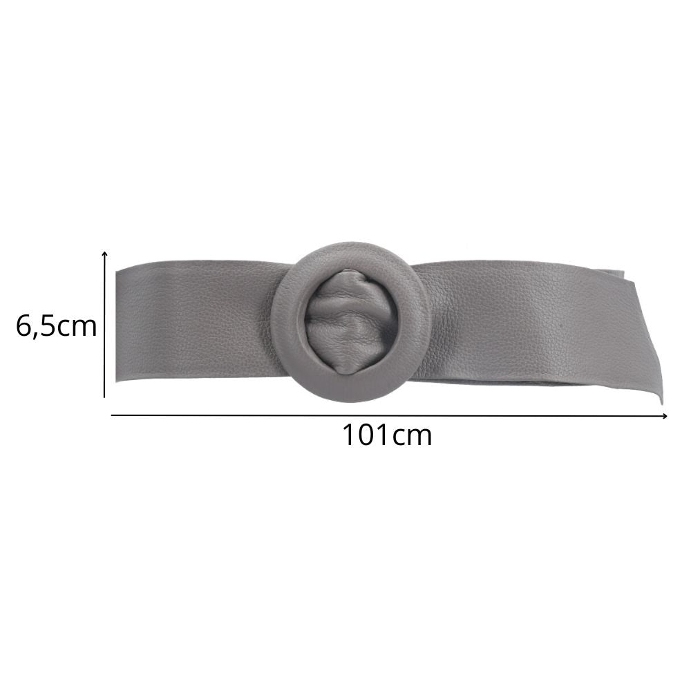 Cinto Faixa Feminino de Couro com Fivela Redonda Encapada Cinza