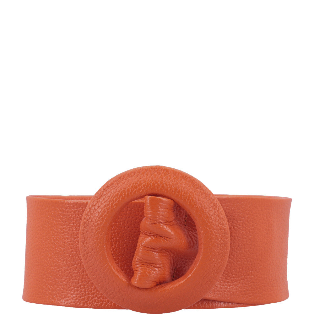 Cinto Faixa Feminino de Couro com Fivela Redonda Encapada Laranja