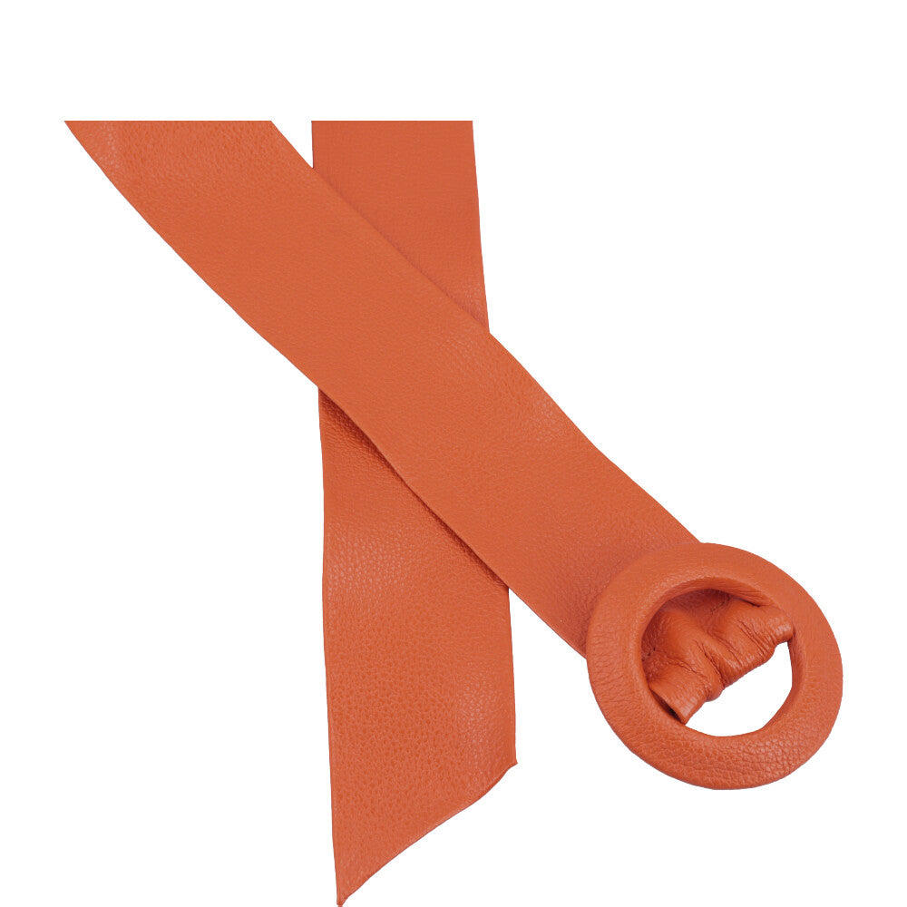 Cinto Faixa Feminino de Couro com Fivela Redonda Encapada Laranja