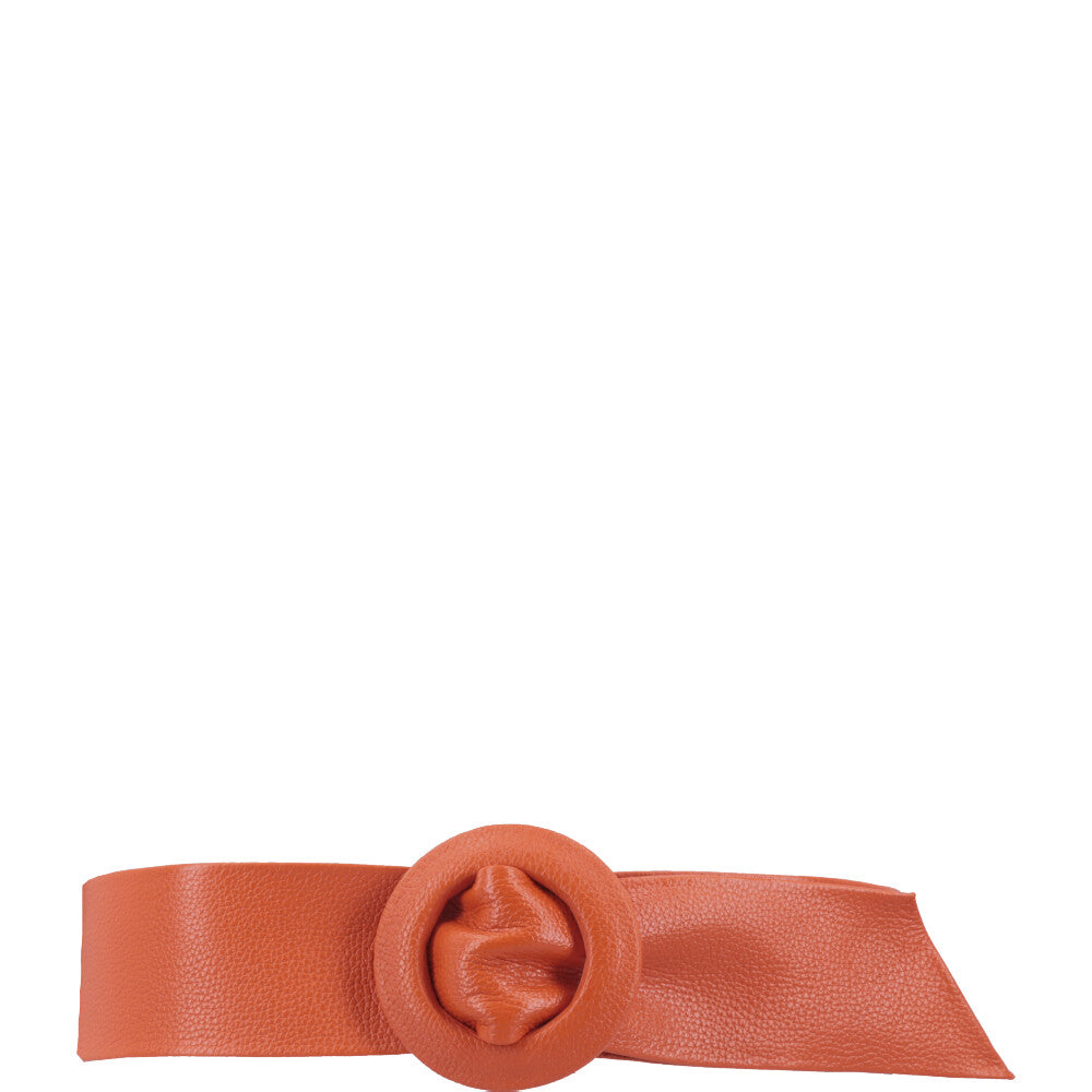Cinto Faixa Feminino de Couro com Fivela Redonda Encapada Laranja