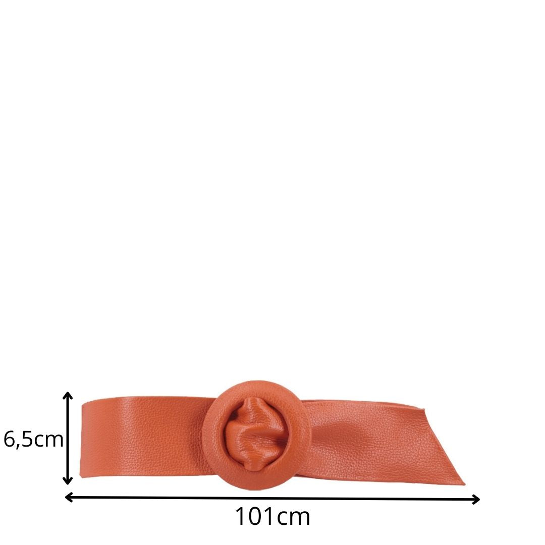 Cinto Faixa Feminino de Couro com Fivela Redonda Encapada Laranja