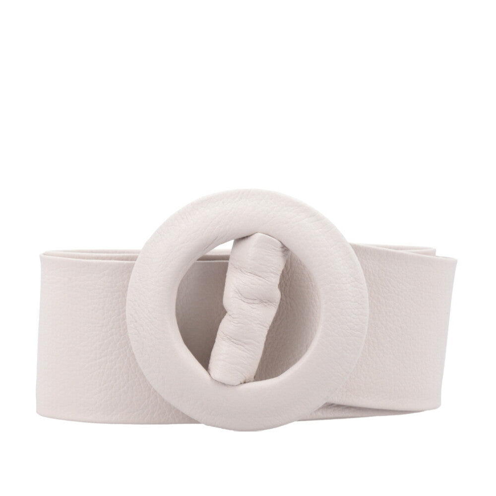Cinto Faixa Feminino de Couro com Fivela Redonda Encapada Marfim