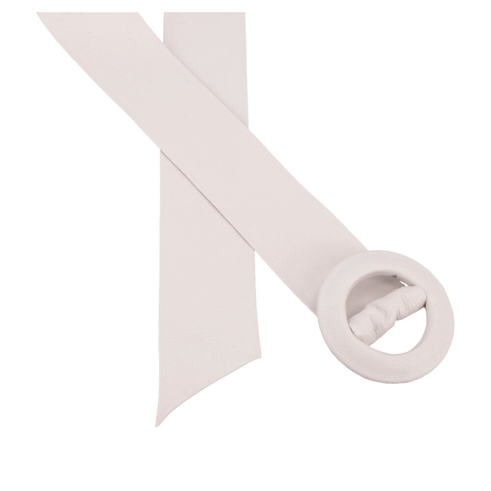 Cinto Faixa Feminino de Couro com Fivela Redonda Encapada Marfim