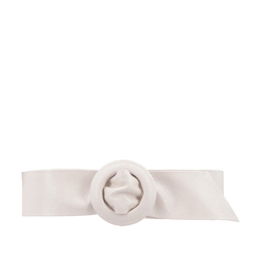 Cinto Faixa Feminino de Couro com Fivela Redonda Encapada Marfim