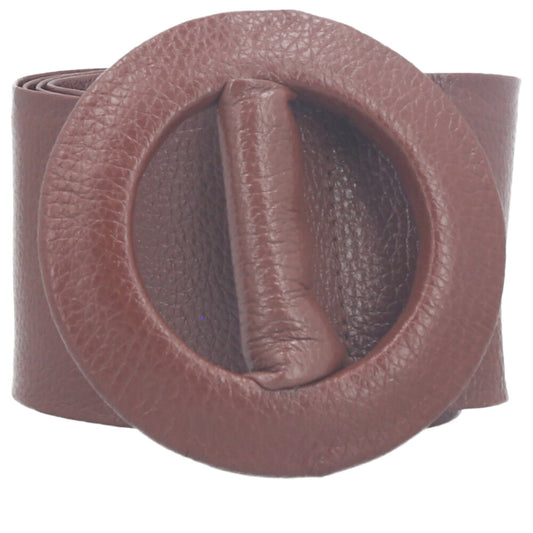 Cinto Faixa Feminino de Couro com Fivela Redonda Encapada Marrom