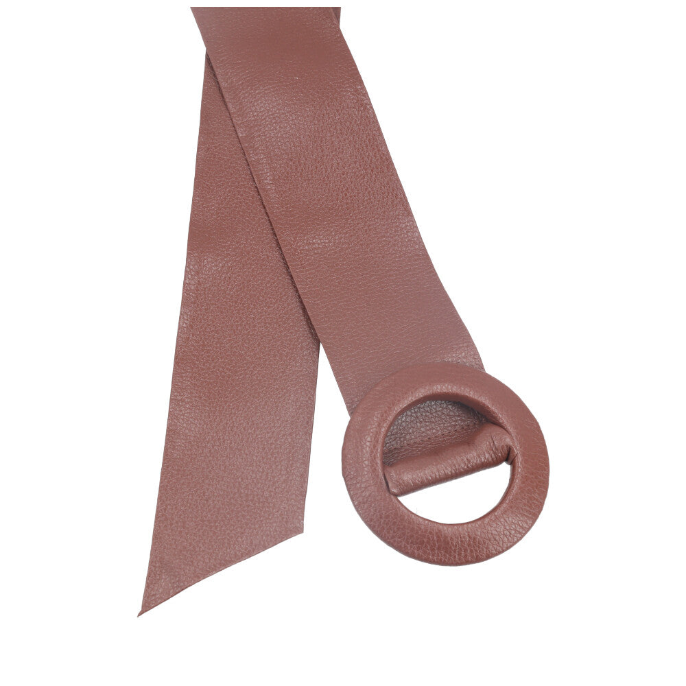 Cinto Faixa Feminino de Couro com Fivela Redonda Encapada Marrom