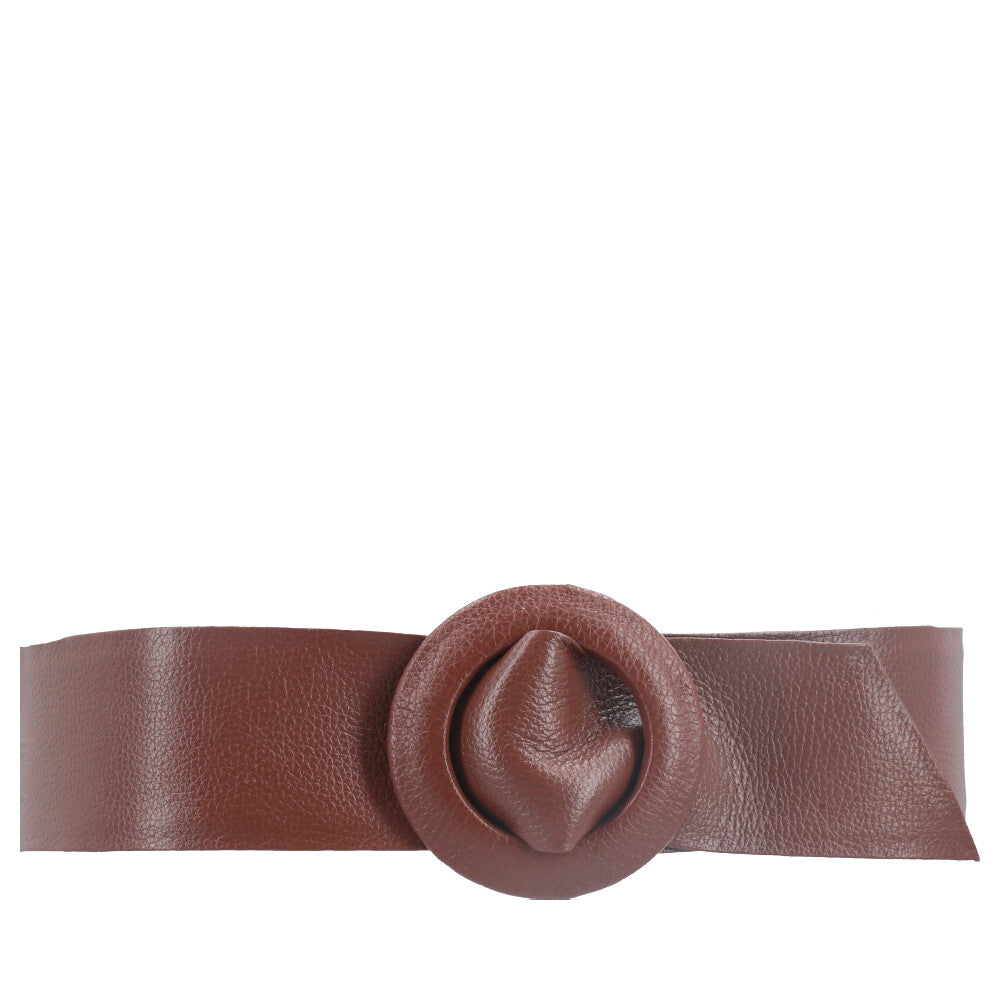 Cinto Faixa Feminino de Couro com Fivela Redonda Encapada Marrom