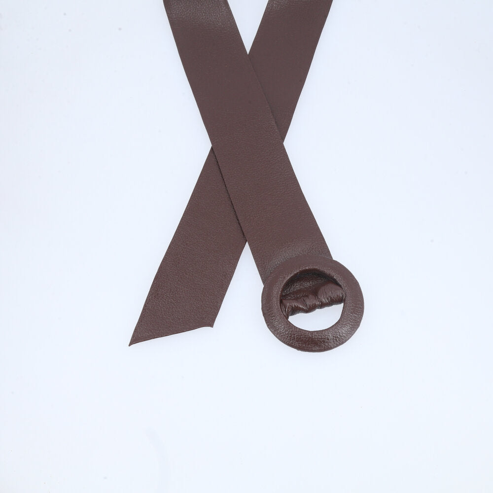 Cinto Faixa Feminino de Couro com Fivela Redonda Encapada Marrom escuro