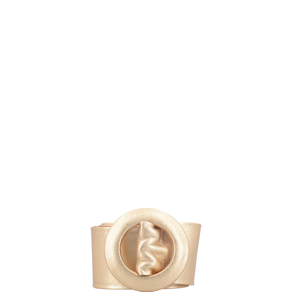 Cinto Faixa Feminino de Couro com Fivela Redonda Encapada Ouro