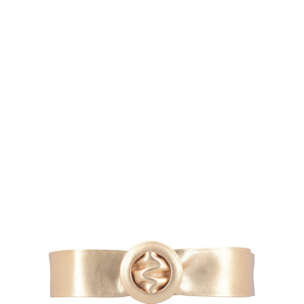 Cinto Faixa Feminino de Couro com Fivela Redonda Encapada Ouro