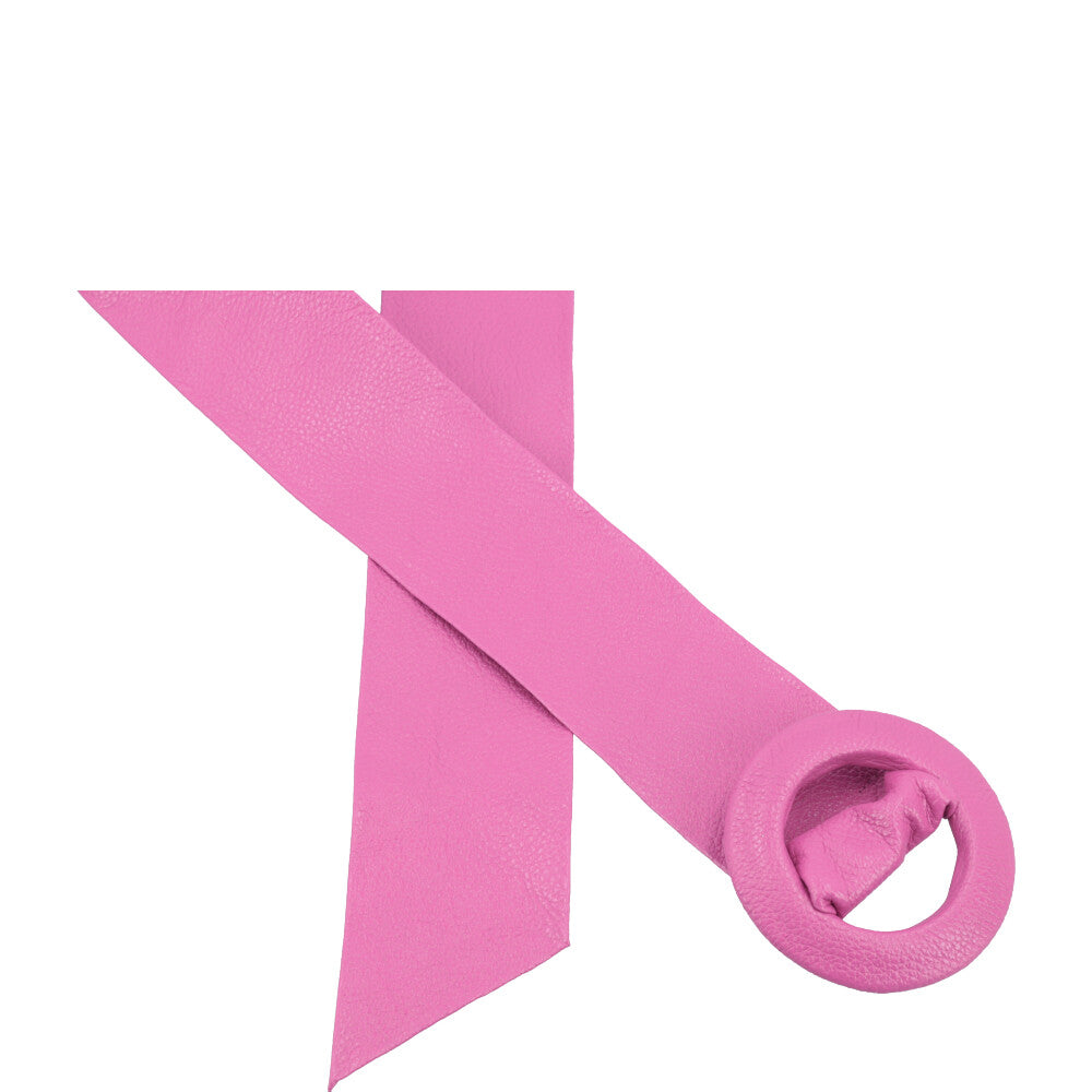 Cinto Faixa Feminino de Couro com Fivela Redonda Encapada Pink
