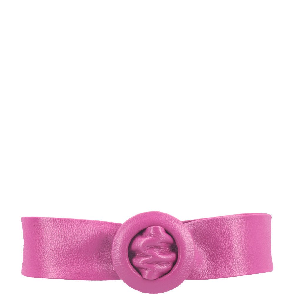 Cinto Faixa Feminino de Couro com Fivela Redonda Encapada Pink