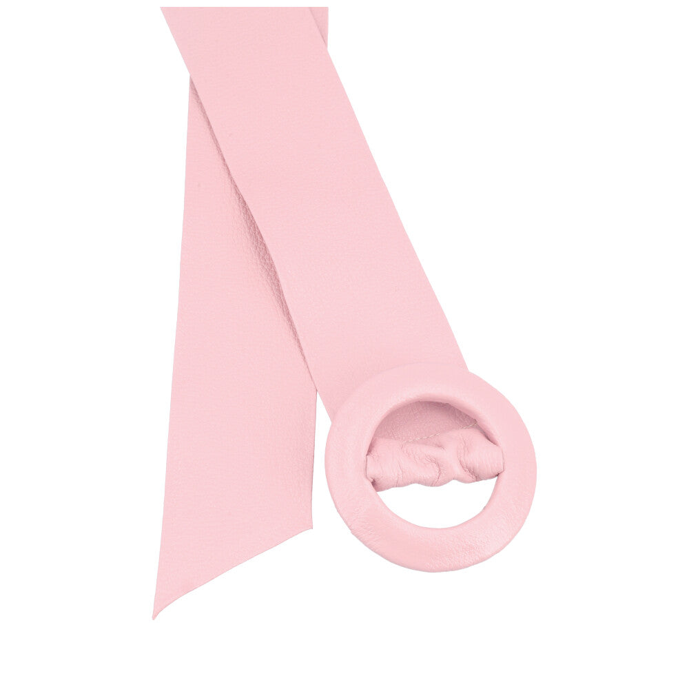 Cinto Faixa Feminino de Couro com Fivela Redonda Encapada Rosa claro