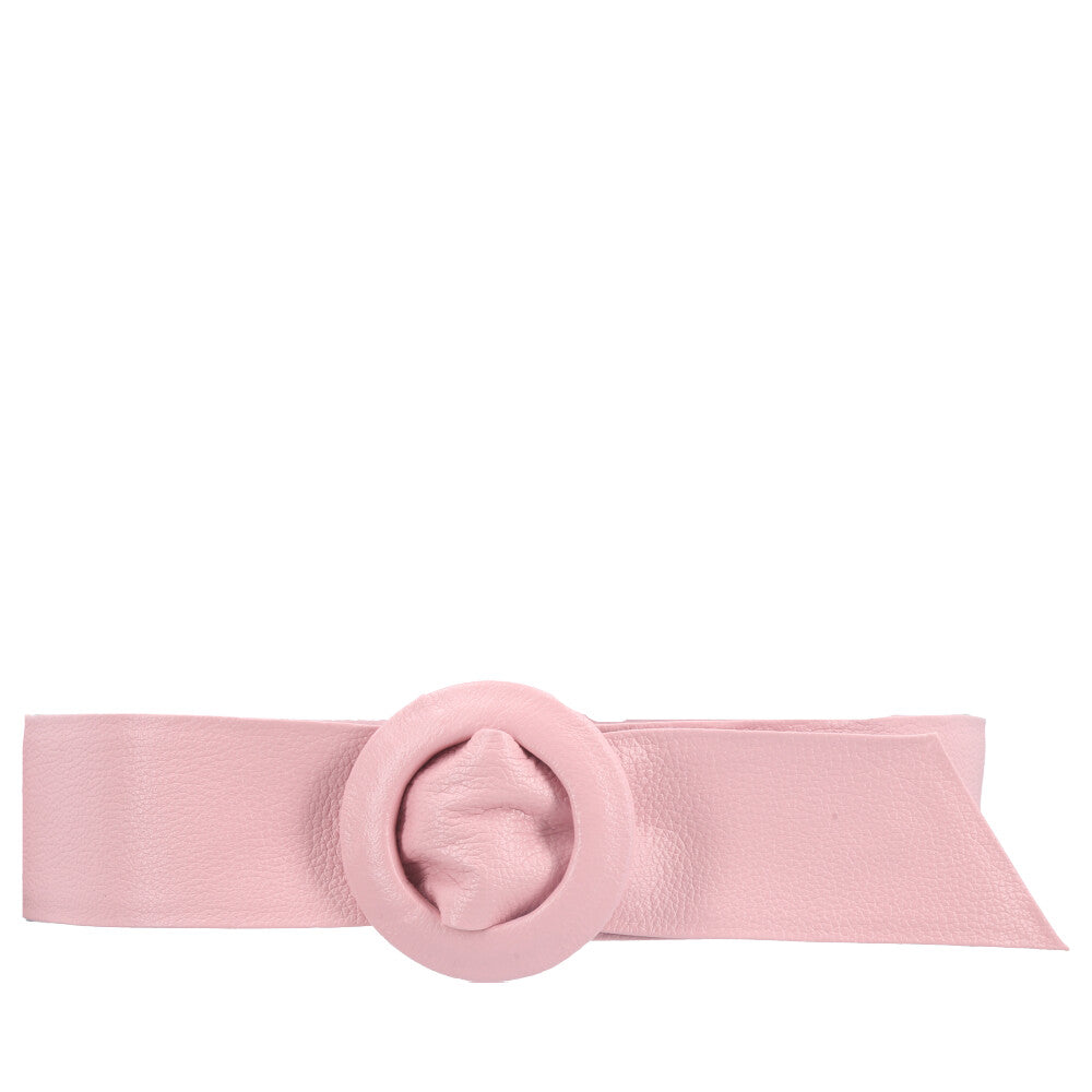 Cinto Faixa Feminino de Couro com Fivela Redonda Encapada Rosa claro