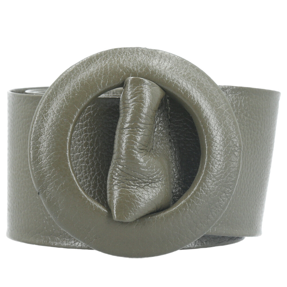 Cinto Faixa Feminino de Couro com Fivela Redonda Encapada Verde