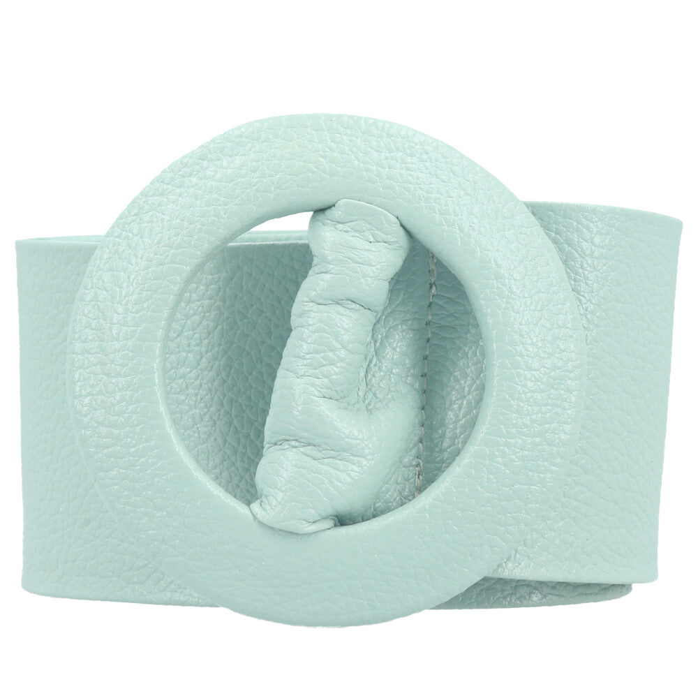 Cinto Faixa Feminino de Couro com Fivela Redonda Encapada Verde claro