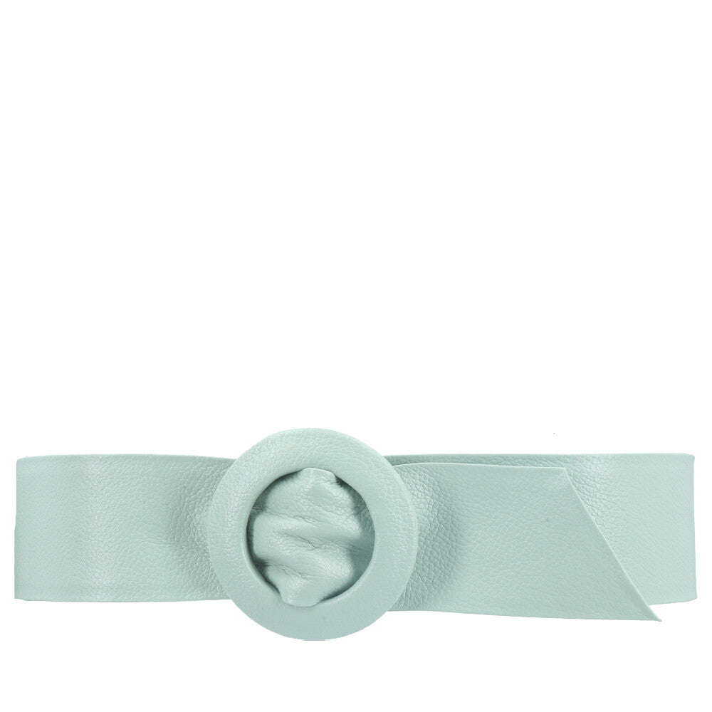 Cinto Faixa Feminino de Couro com Fivela Redonda Encapada Verde claro