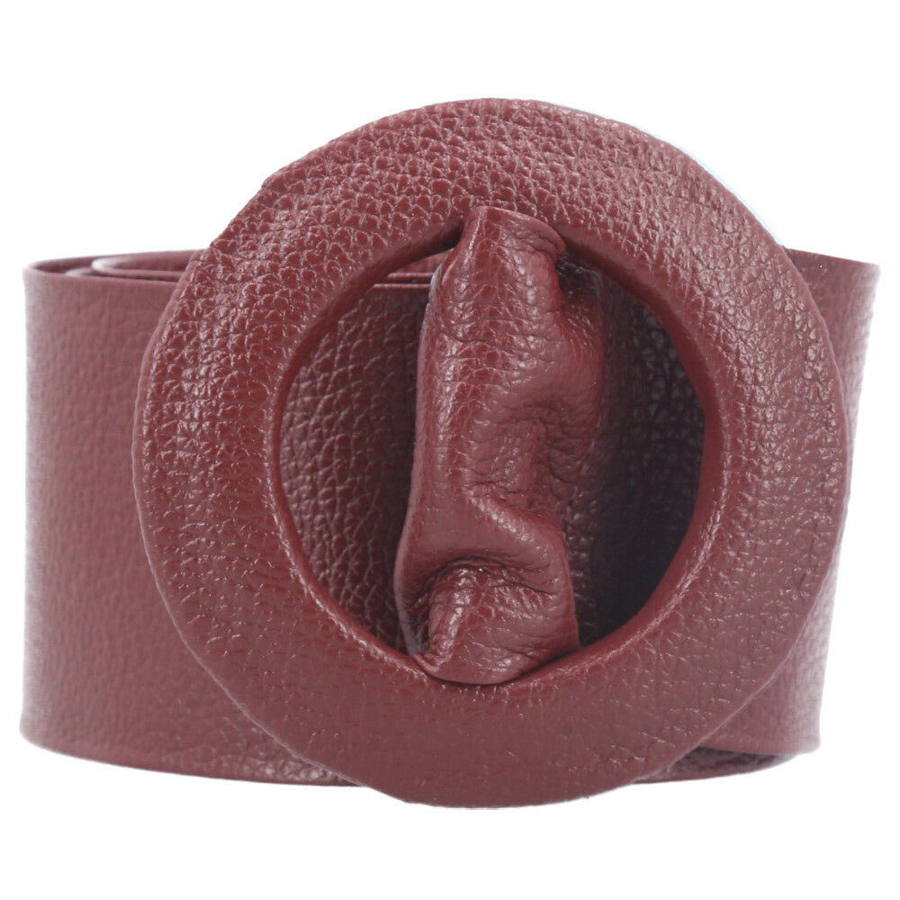 Cinto Faixa Feminino de Couro com Fivela Redonda Encapada Vinho