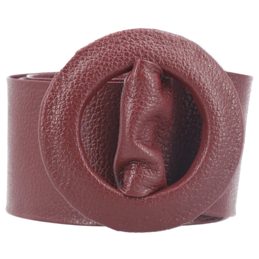 Cinto Faixa Feminino de Couro com Fivela Redonda Encapada Vinho