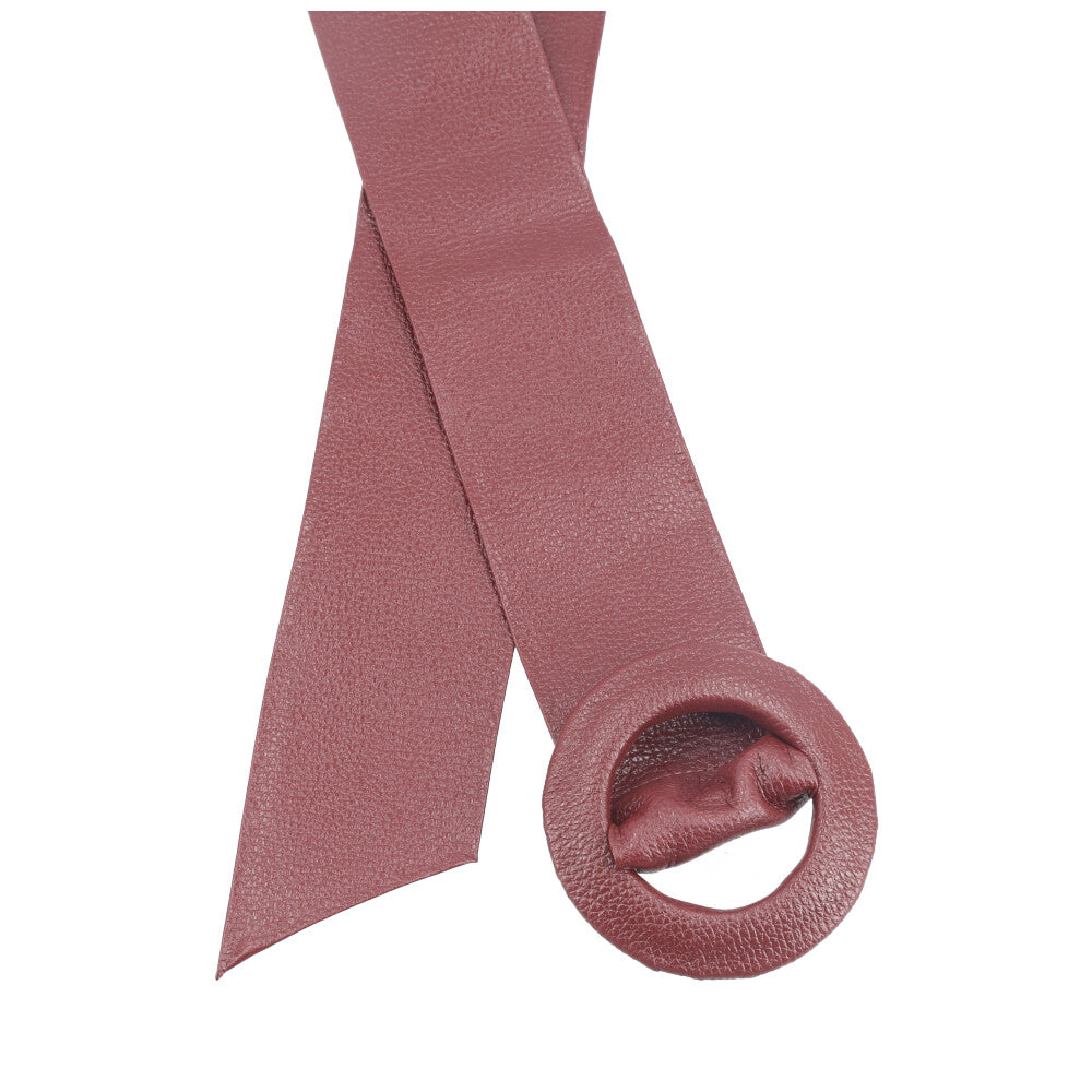 Cinto Faixa Feminino de Couro com Fivela Redonda Encapada Vinho