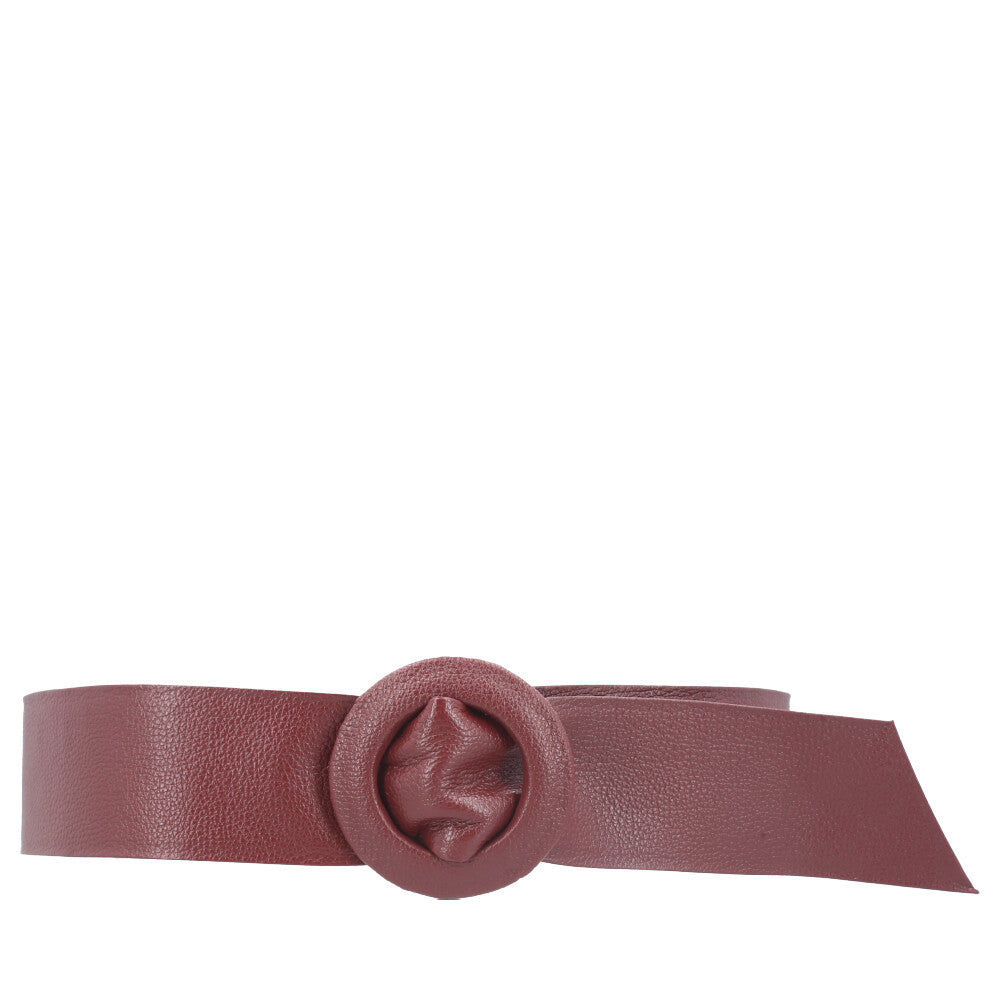 Cinto Faixa Feminino de Couro com Fivela Redonda Encapada Vinho