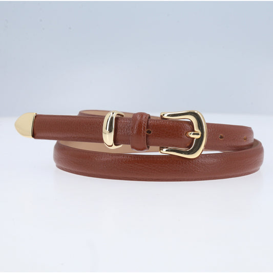 Cinto Feminino de Couro Abaulado com Fivela Dourada Caramelo
