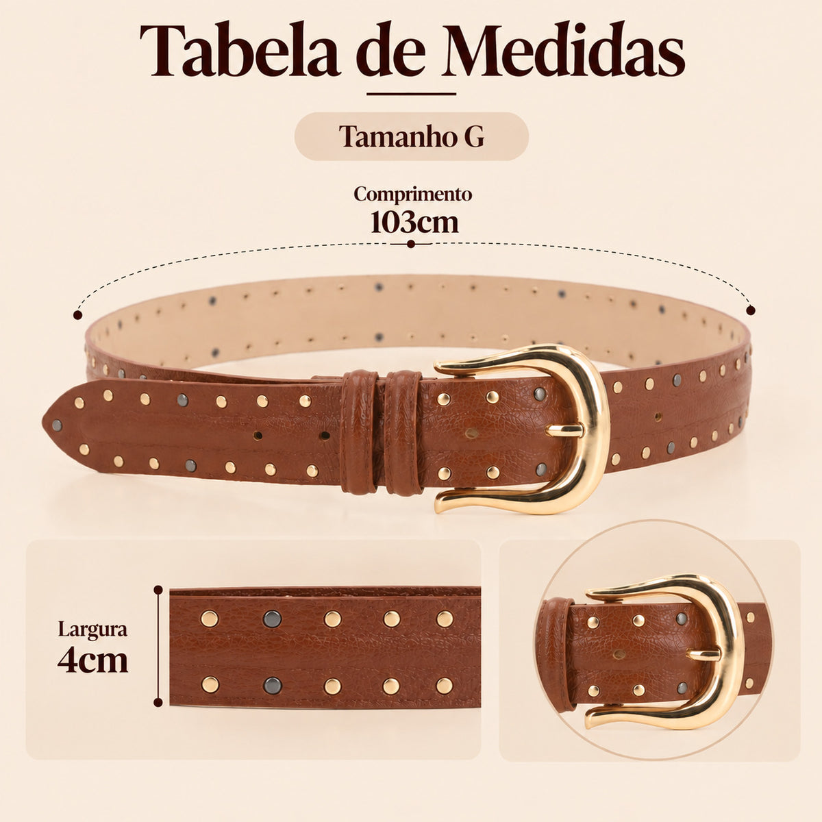 Cinto de Couro com Forro de Couro e Aplicações de Tachas Caramelo