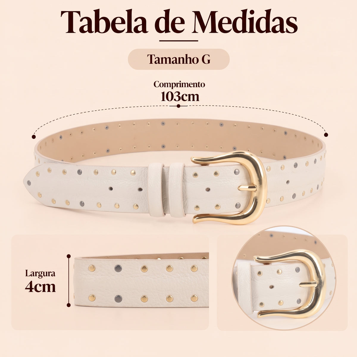 Cinto de Couro com Forro de Couro e Aplicações de Tachas Marfim