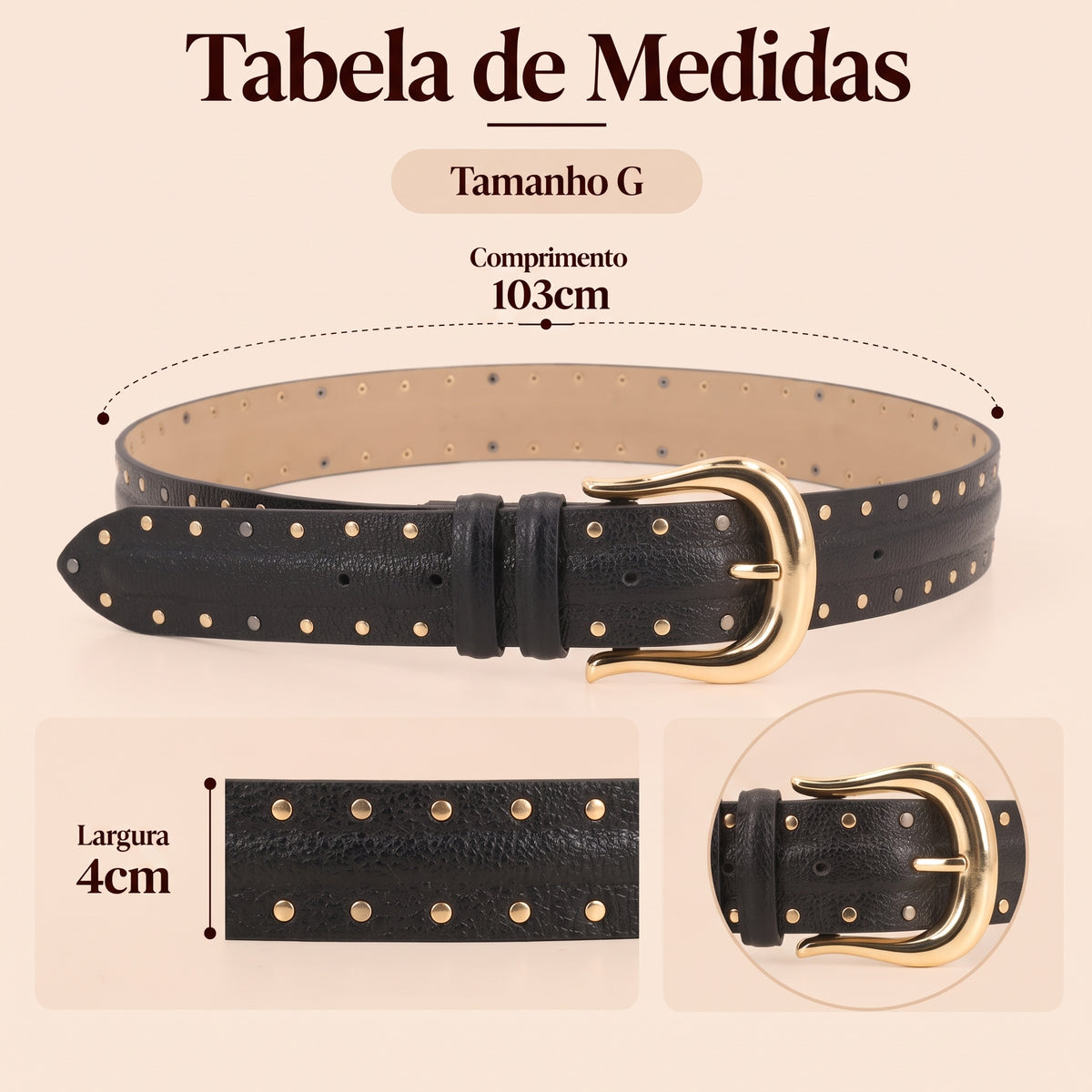 Cinto de Couro com Forro de Couro e Aplicações de Tachas Preto