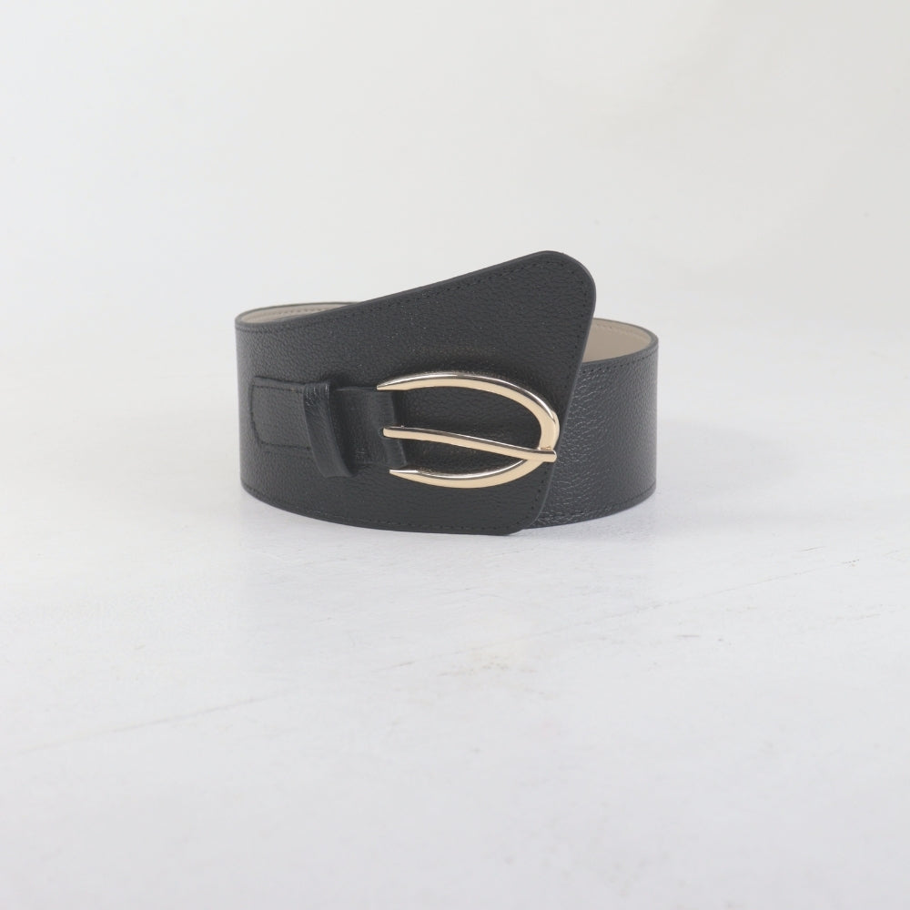 Cinto Largo de Couro com Fivela Dourada Preto