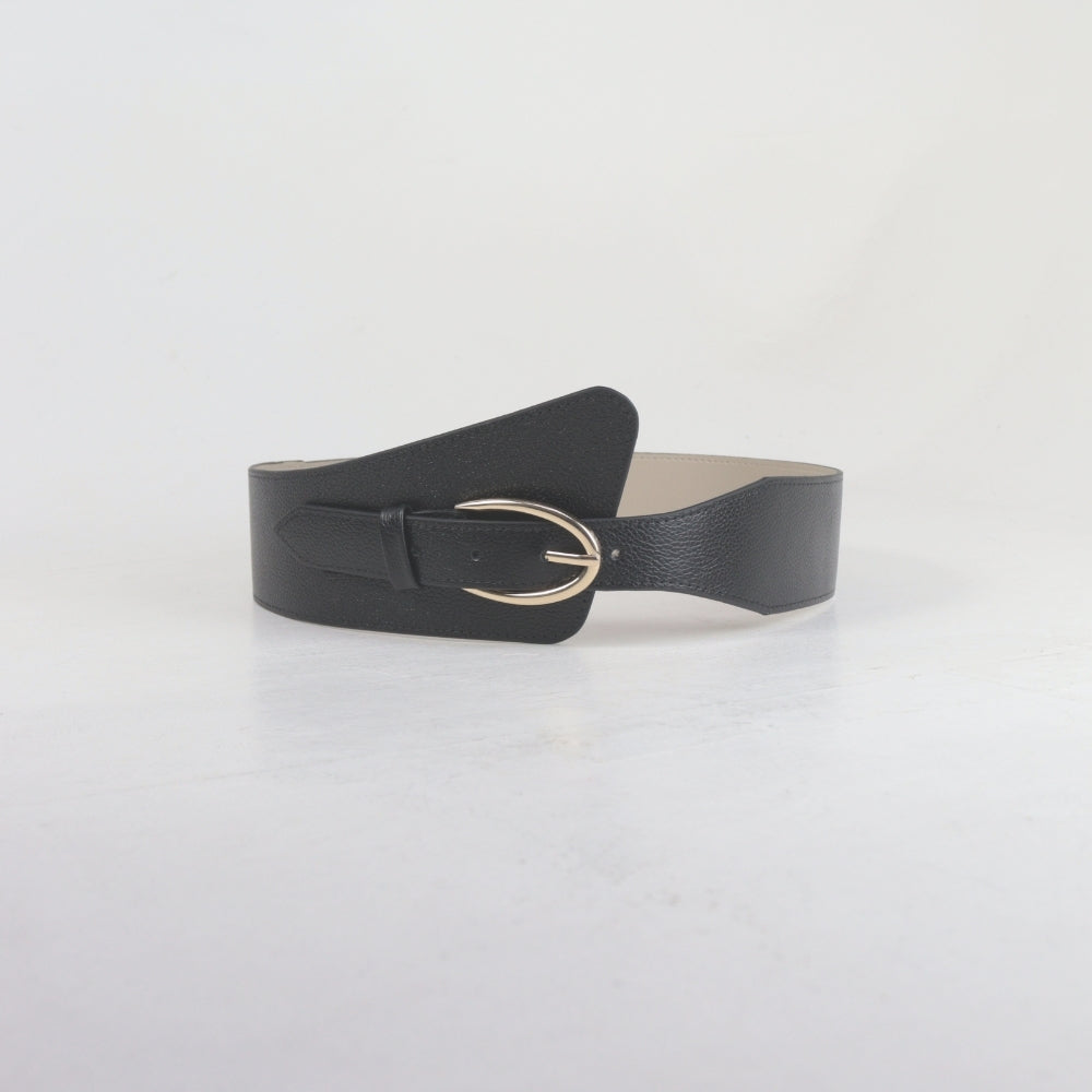 Cinto Largo de Couro com Fivela Dourada Preto