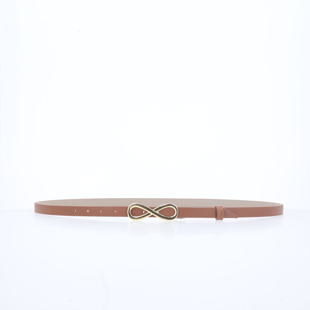 Cinto Fino de Couro Com Fivela de Metal Infinito Caramelo